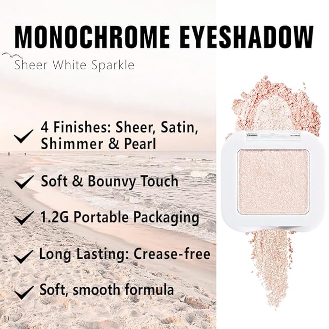 evpct Pear White Shimmer Single Eye shadow Palette Makeup for Older Women, Glitter Sparkly Cream Eye Shadow Palette Brightener for Older Women, High Pigment Waterproof Monochrome Mini Eyeshadow