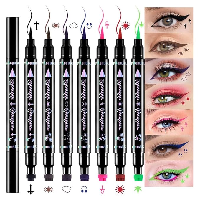 7Pcs Colored Liquid Eyeliners with Face Stamps – Black Brown Purple Blue Red Pink Green Star Flower Heart Moon Triangle Stamps for Cosplay & Gothic Makeup – Beginner-Friendly (multicolor-7Pcs-set02)