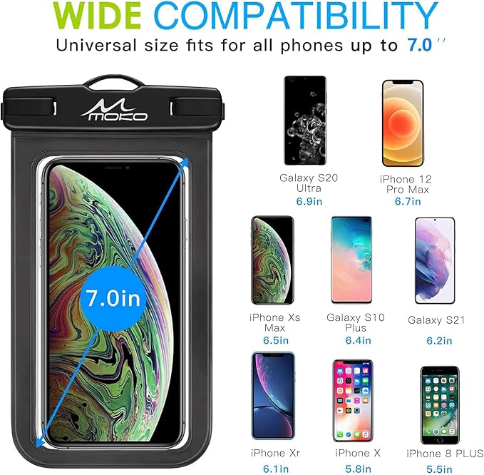 MoKo Waterproof Phone Pouch Holder, Cellphone Case Dry Bag with Lanyard Armband Compatible with iPhone 14 13 12 11 Pro Max, Samsung S21/S20/S10, Black