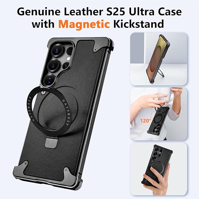 S25 Ultra Case Leather Magnetic with Ring Kickstand, Frameless for Samsung Galaxy S25 Ultra Case for Magsafe, Slim Drop-Proof Protective S25Ultra Cover for Men Women 6.86 Inch, Black