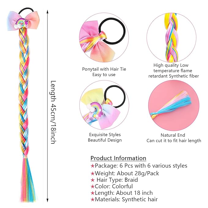 Ozzwolle 6 Pcs Girls Braid Ponytail Extensions Hairpieces, Colored Braid Hair Extensions Hair Pieces for Kids Little Girls