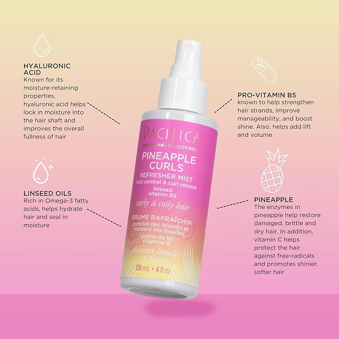 Pacifica Pineapple Curls Refresher Mist Frizz Control Spray & Curly Hair Enhancing -w/Hyaluronic Acid Vitamin B5 & Natural Plant Oils Revitalizes Curls - Vegan Cruelty Free Dermatologist Tested