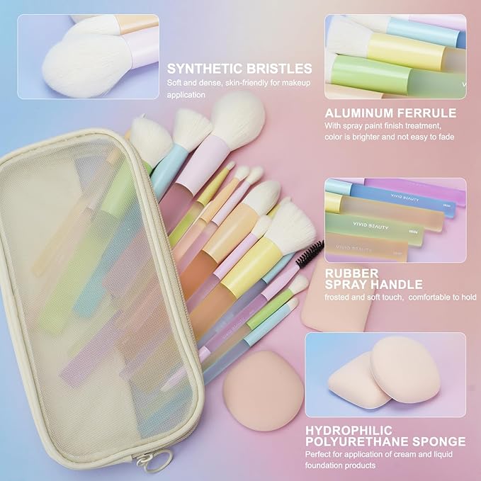 18pcs Colorful Makeup Brush Set with Make up Bag and Sponge Applicators for Liquid Foundation - Professional Cosmetics Tools Blush Blending Blender Brushes Gift Pack (Multi-Colored)