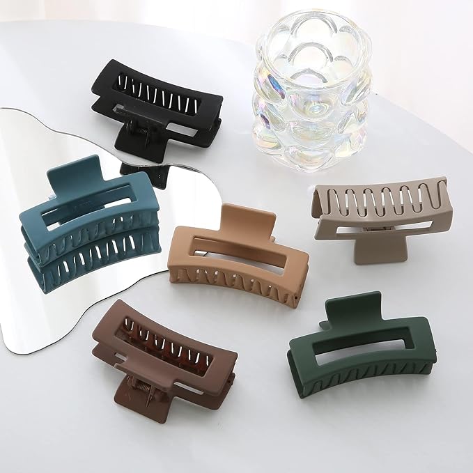 6 Pack Square Claw for Women Girls, 3.5" Medium Non-slip Rectangular Matte Clips Strong Hold Jumbo Hair Styling Accessories, Cool