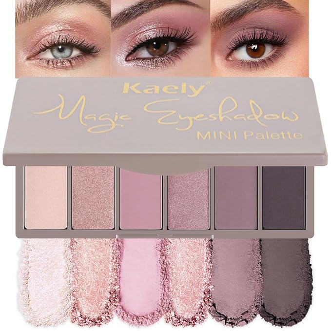 evpct 6 Colors Travel Eye Shadow Palette Makeup, Mauve Nude Pink Rose Gold Black Coffee Sparkly Shimmer Glitter Matte High Pigment Mini Eyeshadow Palette for Older Women, Waterproof, Built in Mirror