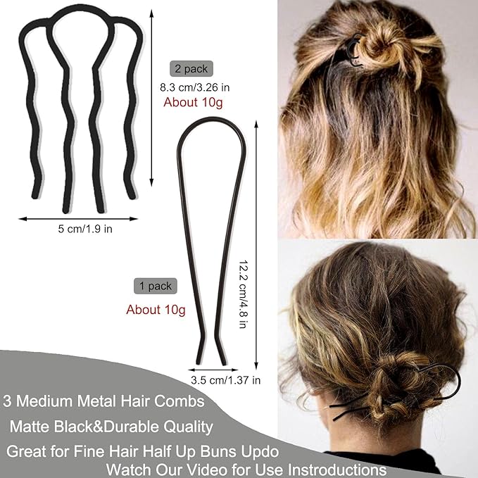 7 Pcs Metal Hair Side Combs Hair Fork Clip Teeth Hair Pin Stick for Updo Bun, U Shape Hair Combs for Vintage Hairstyle Hair Accessories, Thick Hair Combination