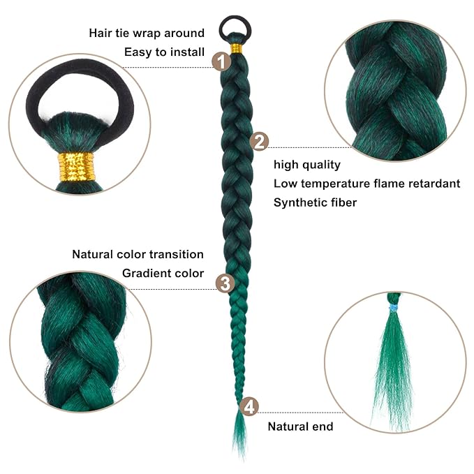 2 Pack Braid Ponytail Extension with Elastic Tie Straight Sleek Wrap Around Braid Wig Ponytail Green gradient 26 Inch (Dark green/green)