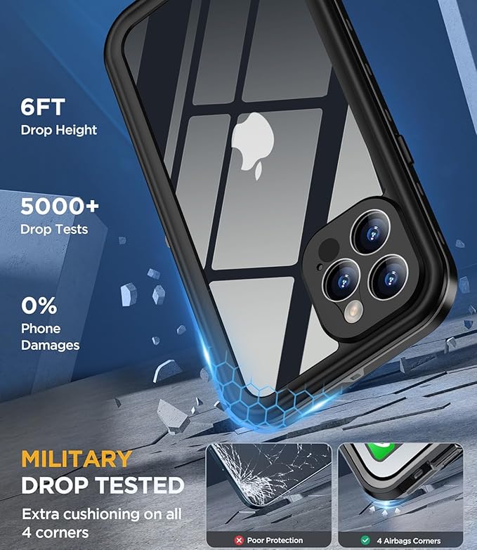 Design for iPhone 12 Pro Max Case Waterproof, Full Body Underwater Dustproof Shockproof Case Built-in Screen Protector - Clear