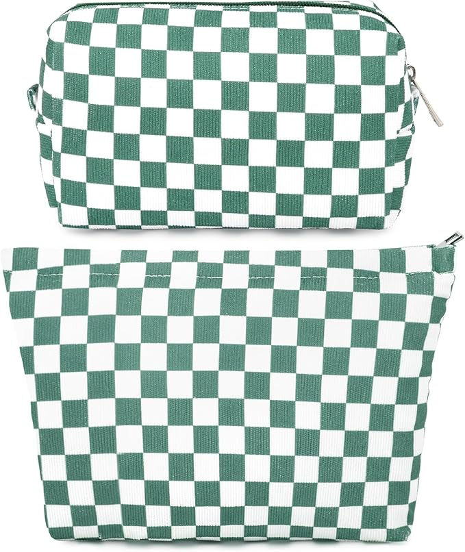 2 Pcs Checkered Makeup Bag Large Cosmetic Bag Toiletry Bag Makeup Pouch Travel Bag Organizer Cute Makeup Brushes Aesthetic Accessories Storage Bag for Women Olive Green