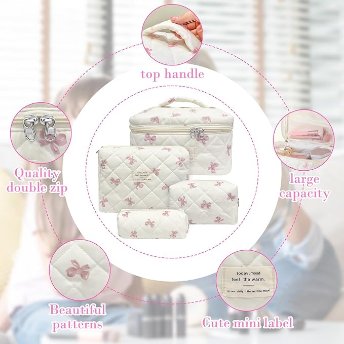 4 Piece Cute Pink Bow Quilted Makeup Bag Set, Large Capacity Travel Makeup Bags for Women and Girls, Includes Small, Small-Medium,Medium, and Large aesthetic makeup&Cosmetic Bags (4PCS-Pink Bow)