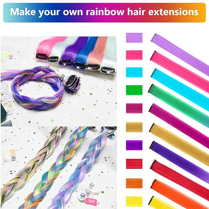 25 PCS Colored Hair Extensions, Colorful Party Highlights Multi-colors Clip in Hair Extensions, Rainbow Synthetic Hairpieces for Girls Women Kids Gift Hair Pieces Party(22 In)