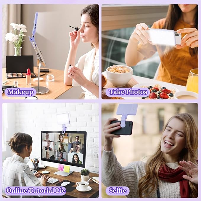 Inspack 60 LED Selfie Light for iPhone, with Back Clip & Front, Portable Phone Clip for Tiktok Video Recording, Zoom Calls Lighting Computer, High Power Rechargeable with 3 Light Modes, Purple