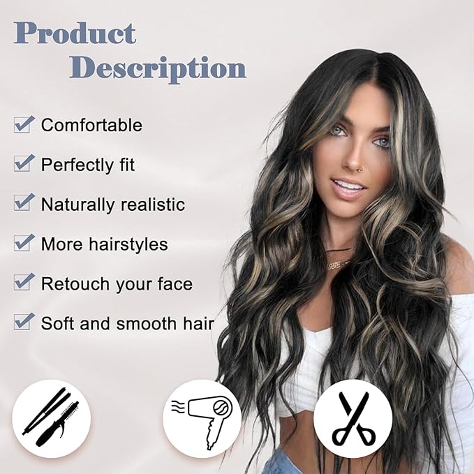 NAYOO Long Black Mixed Blonde Wavy Wig for Women 26 Inch Middle Part Curly Wavy Wig Natural Looking Synthetic Heat Resistant Fiber for Daily Party (Black Mixed Blonde)