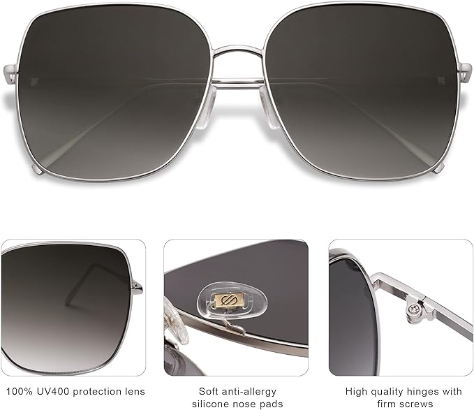 SOJOS Trendy Oversized Square Metal Frame Sunglasses for Women Men Retro Big Flat Lens UV Protection Sunglasses SJ1146