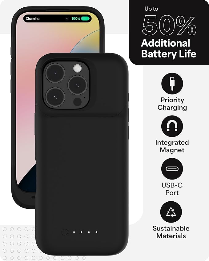 mophie Juice Pack Battery Case for iPhone 16 Pro - Slim Charging Case, Magnetic Back for Wallets & Mounts, +50% Extra Battery Life, Enhanced 6-Foot Drop Protection, Sustainable Material, Black