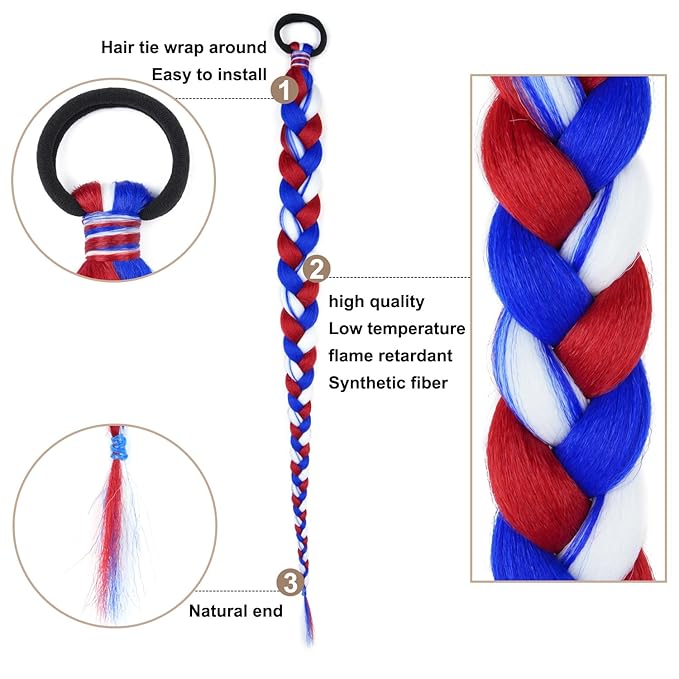 2 Pack Braid Ponytail Extension with Elastic Tie Straight Sleek Wrap Around Extensions Hair Ponytail Extension 26 Inch (Red/White/Blue#)