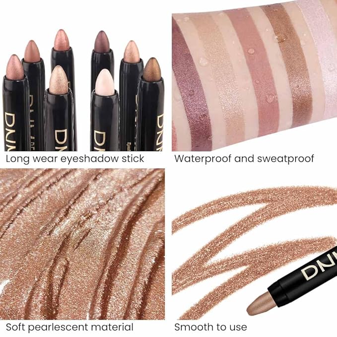 8Pcs Cream Eye Shadow Brightener Sticks Set for Eyes, Champagne Pearl Bronze Putty Sand Orchid Rose Gold Amethyst,Halloween Makeup, Matte Shimmer Eye Shadow Pencil Pen Crayon Waterproof 08
