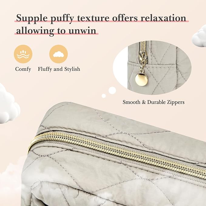 Noozion Makeup Bag, Travel Cosmetic Bag, Puffy Padded Make Up Bag for Women, Makeup Organizer Case, Wide-open Pouch Purse, Travel Essentials