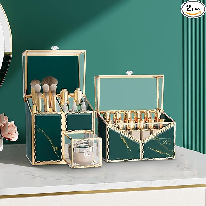 Makeup Organizer Countertop Set – Vanity Holder with 18-Slot Lipstick Organizer & Covered Makeup Brush Holder – Skincare, Perfume & Cosmetic Display for Bathroom or Dresser