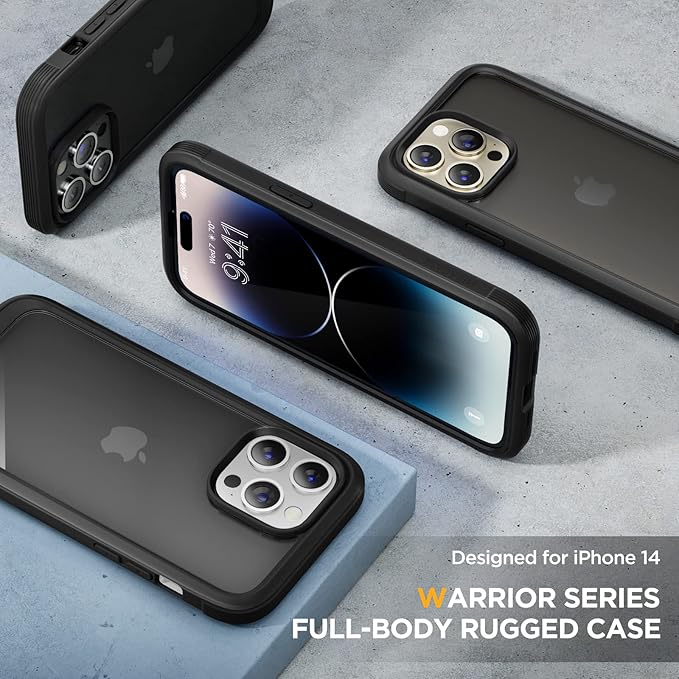 Miracase Glass Series for iPhone 14 Pro Case 6.1 Inch, 2023 Full-Body Clear Bumper Case with Built-in 9H Tempered Glass Screen Protector, with Camera Lens Protectors, Matte Black