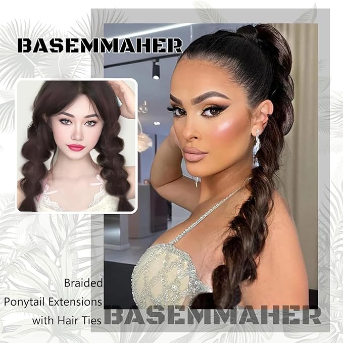 2Pcs Braided Ponytail Extensions with Hair Ties Soft Synthetic Hair Pieces Straight Wrap Around Hair Extensions Pony Tail Hairpieces Accessories for Women Daily Wear 16 Inch (Dark Brown)