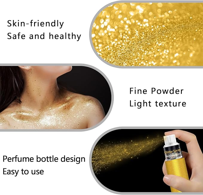 Hair and Body Glitter Spray, Holographic Glitter Highlighter Powder, Face Body Clothes Shiny Glitter, Loose Shimmer Hairspray Festival Rave Prom Accessories, 10g (01# Gold)