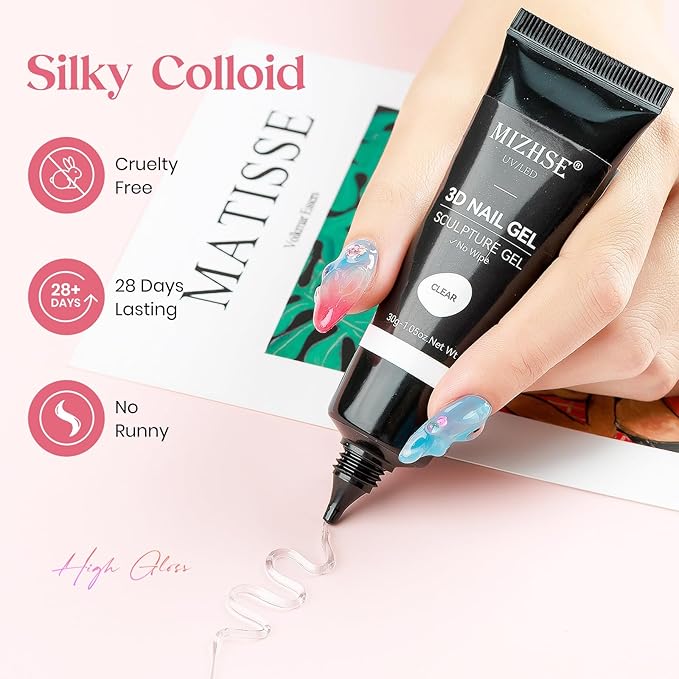 MIZHSE 3D Nail Gel 30G Clear 3D Gel Nail Art 3D Sculpting Gel with Chrome Powder for Nail Art Nail Design Molding Gel for Nails No Wipe Nail Supply U V LED Gel Polish for Nail Art Sculpture Home DIY