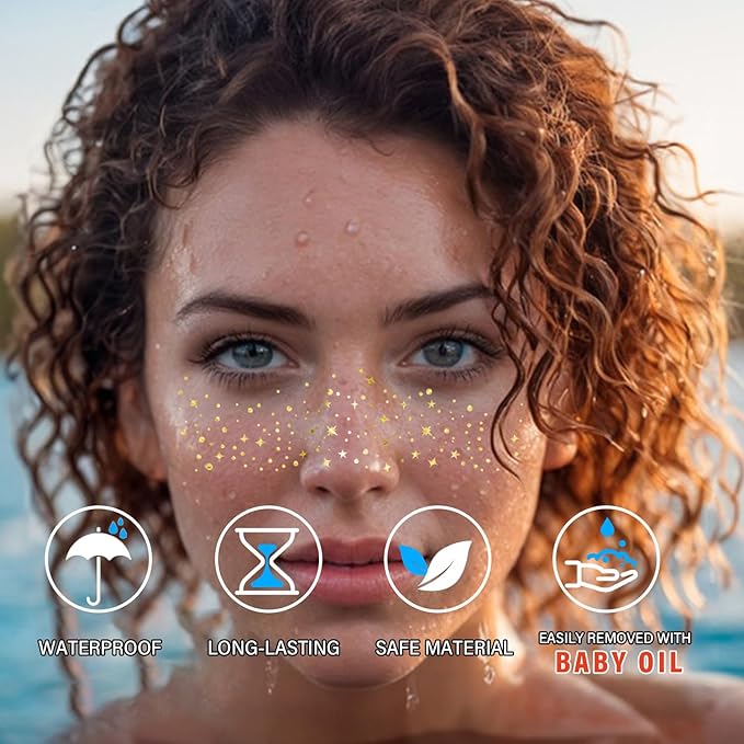 20 Pcs Gold Face Makeup Patches, Glitter Freckles Face Tattoo, Glitter Freckles, Sparkle Makeup Patches, Waterproof Face Glitter Freckles Patches for Women (Gold)