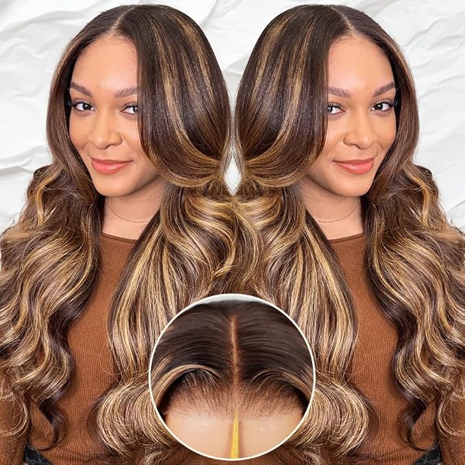 Ombre Lace Front Wig Human Hair 220% Density 4/27 Highlight Wig Human Hair Pre Everything 7x5 Highlight Body Wave Wigs Balayage Glueless Wig Blonde Highlight Wig For Women Brown And Blonde Wigs 22 In