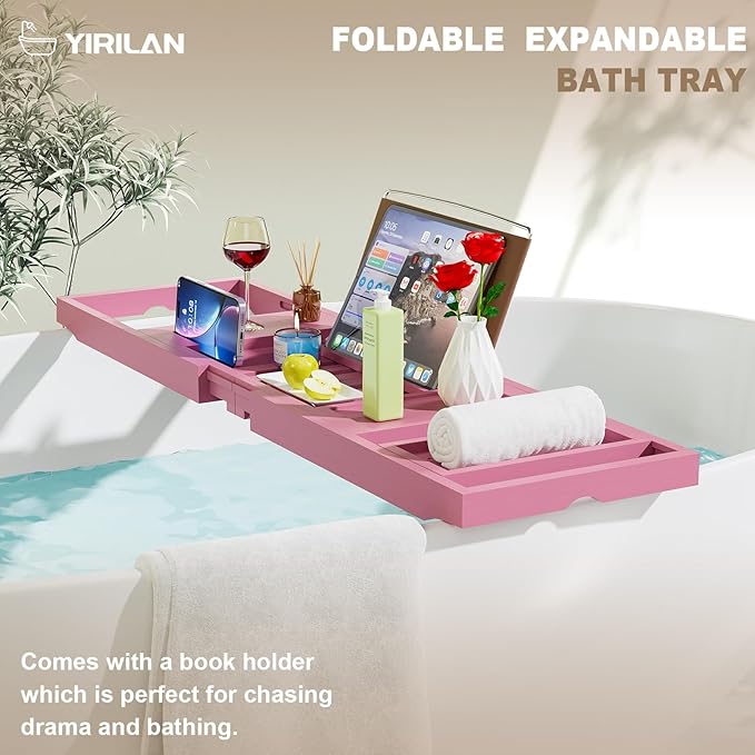Yirilan Foldable Bathtub Caddy, Expandable Bath Caddy Tray, Unique House Warming Gifts, New Home, Anniversary and Wedding Gifts for Couple, Pink