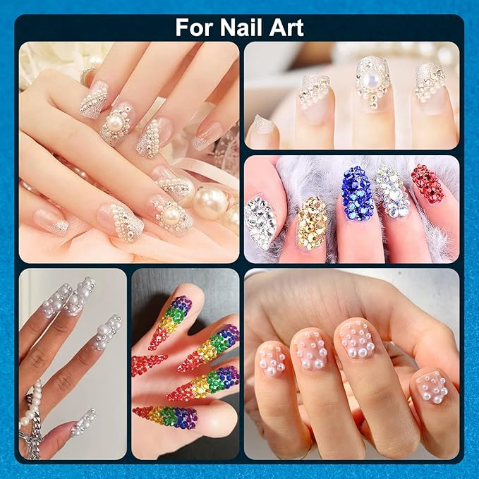 Nail Art Rhinestone Glue Gel&2 Boxes Flatback Gems Kit, 1 Tube of 15ml Rhinestone Gel Glue(UV/LED Needed)+Colorful Gems+Flat-Back Half Round White&Beige Pearls with Pickup Tools