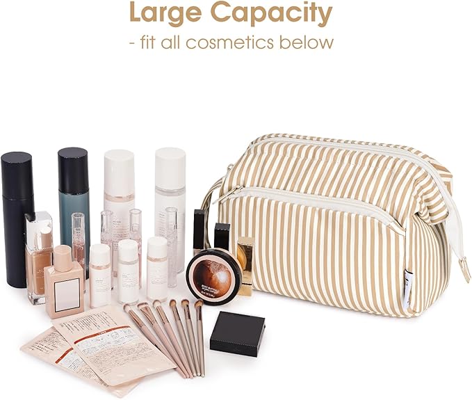 Narwey Striped Makeup Bag Women Wide-open Make up Bag Travel Cosmetic Bag Organizer Toiletry Bag for Cosmetics Toiletries Accessories (Brown Stripe)