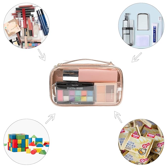 OCHEAL Clear Makeup Bag, Portable Makeup Storage Organizer Cosmetic Bag, Travel Makeup Bag Cute Clear Pouch For Women and Girls Cosmetics Bags with Divider Makeup Brush Compartment-Rose Gold