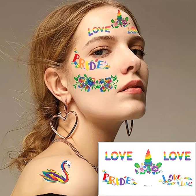 10 Sheets Pride Day Face Fake Tattoos Rainbow Temporary Tattoos Adult Rainbow Heart Butterfly Flower Feather Swan Colorful Tattoo Kit Gay LGBTQ Pride Day Parade Party Eye Makeup Face Decor Supplies