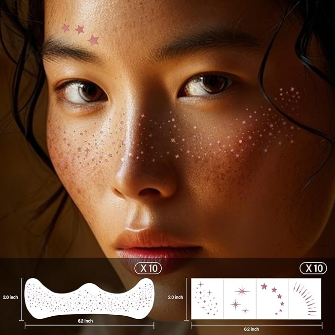 20 Pcs Rose Gold Makeup Patches, Glitter Freckles Face Tattoo, Easy Application and Remove Sparkle Makeup Patches, Waterproof Face Glitter Freckles for Women