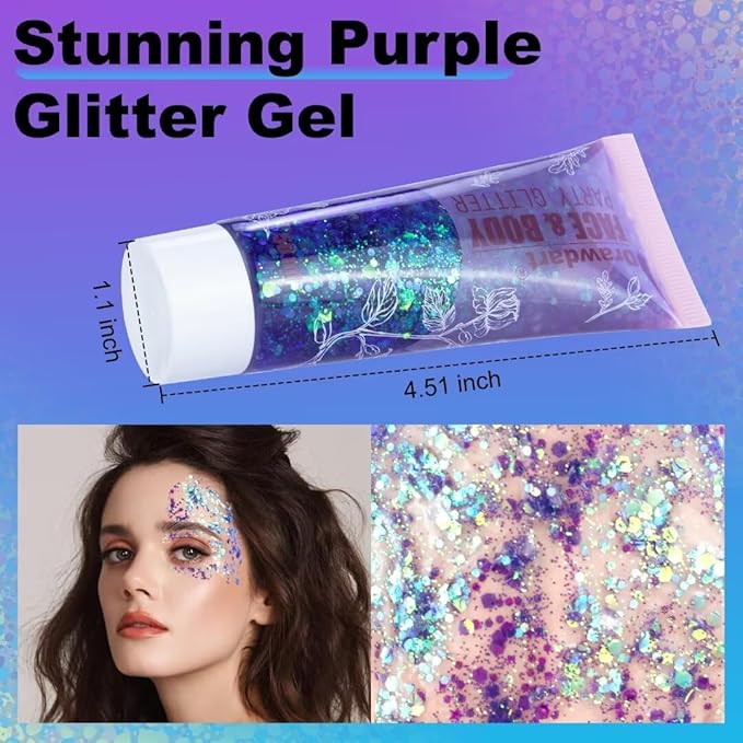 Purple Iridescent Face Body Glitter Gel,Sparkling Chunky Sequins Mermaid Face Body Hair Lip Nails Glitter Gel,Festival Glitter Rave Party Accessories 50ml