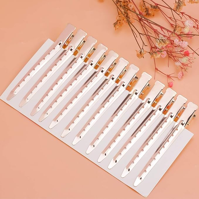 24 Packs Duck Bill Clips, Bantoye 3.35 Inches Rustproof Metal Alligator Curl Clips with Holes for Hair Styling, Hair Coloring, Rose Gold