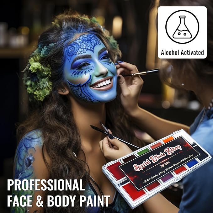 12 Colors Alcohol Activated SFX Makeup Paint Palette, Professional Waterproof Sweatproof Face and Body Paint,Long Lasting Special Effect Makeup Use for Cosplay, Theatre, Film