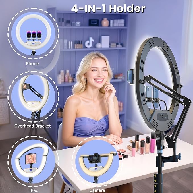 22" Foldable Large Ring Light with Stand for iPhone iPad,75" Tripod with Overhead Shooting Bracket 50W 6500K 4 Clips/LCD Display/2 USB PortsTattoo Barber Makeup Studio Video Photography Lighting
