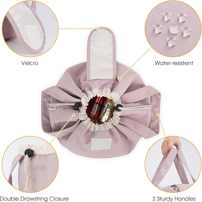 Narwey Barrel Drawstring Makeup Bag Pink Large Cosmetic Bag Make up Bags Toiletry Bag Travel Bags for Toiletries Organizer for Women Gift for Teen Girls (Dusty Rose) (Patent)