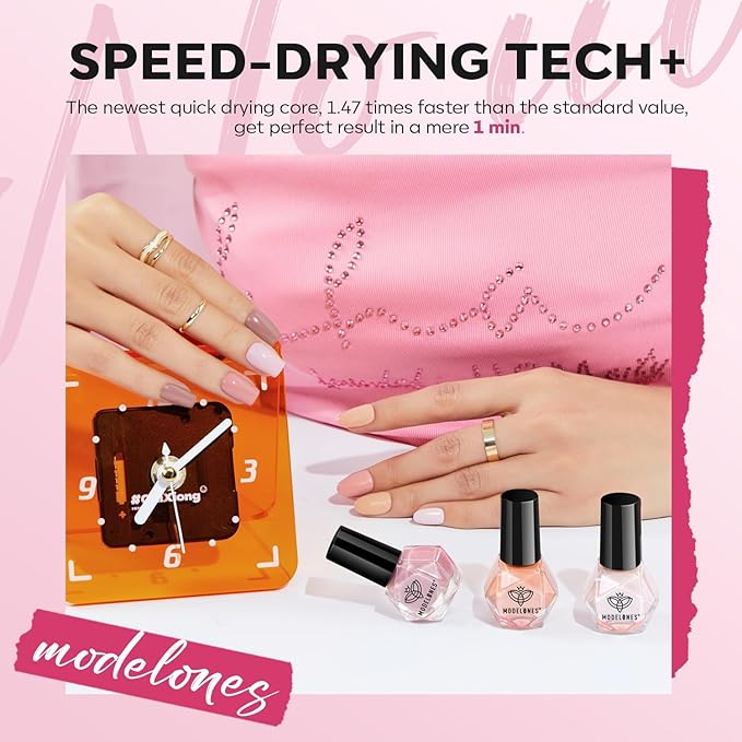 modelones Nail Polish Set, 6 Colors Quick Dry Nude Hot Pink Chrome Nail Polish Light Pink Shimmer Pearl Spring Summer Fingernail Polish DIY Nail Art Salon Home Easter Gifts for Women Girl