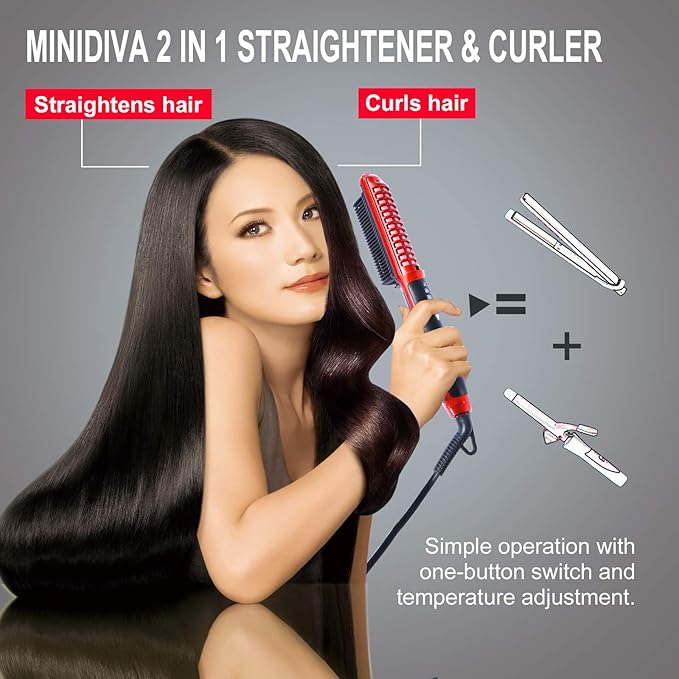 Minidiva 2-in-1 Hair Curler and Straightener with Anti-Scald, 30s Fast Ceramic Heating, 6 Heat Levels, Auto Off, 360 Swivel Cord Portable Hot Hair Straightener Brush for Home, Travel (Red)
