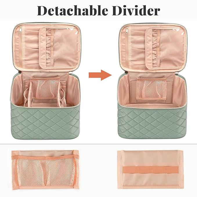 OCHEAL Makeup Bag,Large Travel Makeup Bag Organizer Cosmetic Bags for Women Washable Make Up Bag Organizer Case with Dividers - Green