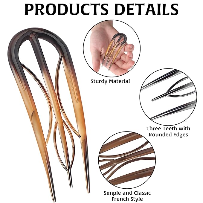 6Pcs French Hair Clips, U Shaped French Hair Pin Retro Fork Hair Pin Internal Teeth French Hair Clips, Tortoise Shell French Hair Pins for Women Thin Thick Hair Buns Twist Hairstyle Accessories