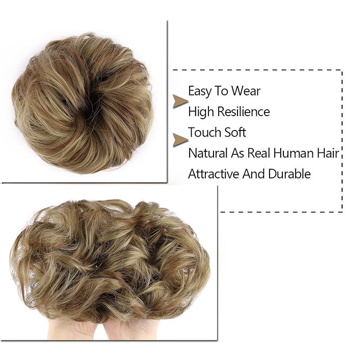 MORICA 1PCS Messy Hair Bun Hair Scrunchies Extension Curly Wavy Messy Bun Hair Synthetic Chignon Hairpieces for Women(Ash Blonde & Lightest Blonde)