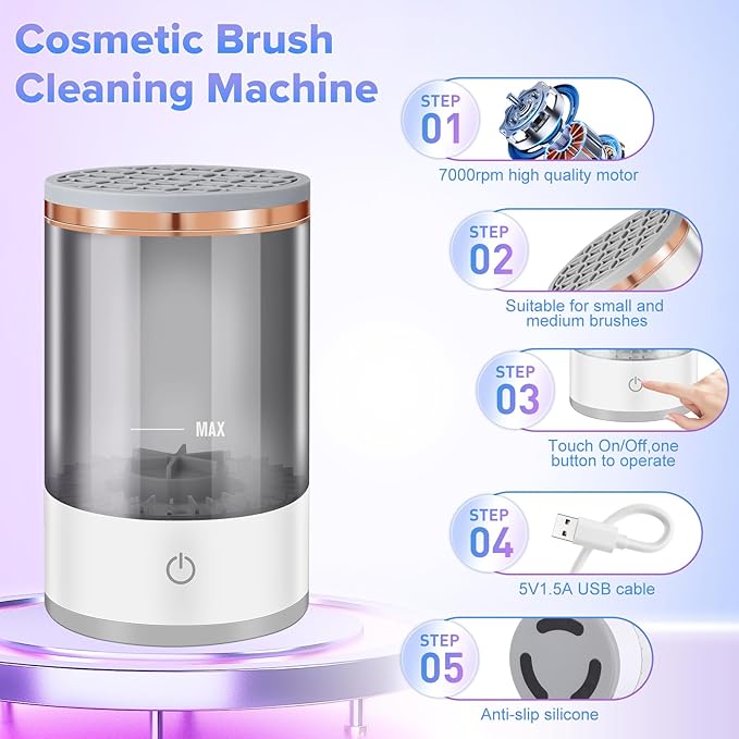 Electric Makeup Brush Cleaner Machine, 2 in 1 Cosmetic Brush Cleaner with Cleaner Mat, Automatic Spinning Washer Combined for All Size Makeup Brushes & Sponges, Beauty Cleaning Tool Gifts for Women