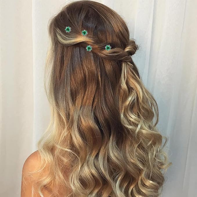 20 Pack (Green) Crystal Hair Pins Rose Flower Rhinestone Hair Clips for Bridal Wedding Women Hair Jewelry Accessories, with Clear Container