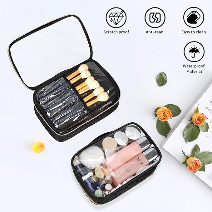 OCHEAL Clear Makeup Bag, Portable Cosmetic Bag Storage Organizer, Travel Makeup Bag Cute Clear Pouch For Women and Girls Cosmetics Bags with Divider Makeup Brush Compartment-Large Black