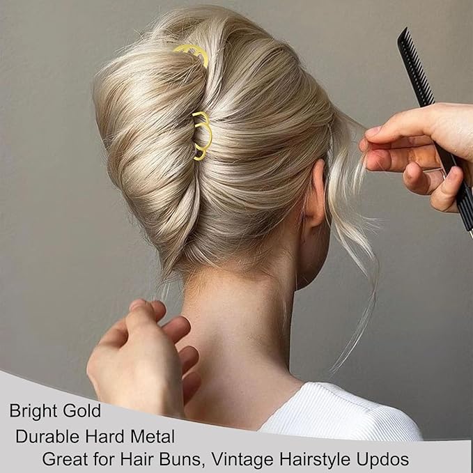 6 PCS Metal Hair Side Combs Pins Fork Clip Teeth Stick for Updo Bun, U Shape Hair Accessories for Vintage Hairstyle, Gold for Fine Hair