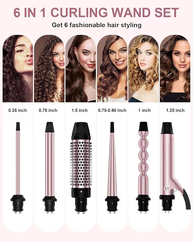 6 in 1 Curling Iron, Curling Wand Set with Thermal Brush (1.5inch) & 1inch Bubble Curling Wand and 3 Interchangeable Ceramic Barrel (0.35"-1.25"), Instant Heat Up With Comb & Protective Glove & 2 Clip